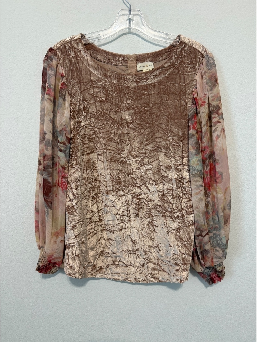 Meadow Rue Sheer Floral Billowy Long Sleeve Round Neck Velour Blouse Size XS